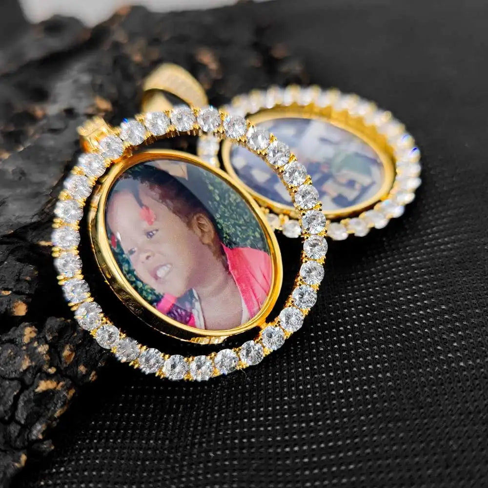 KissICON Customized Double-Side Photo Necklace Picture Pendant Chain Personalized Cubic Zirconia Hip Hop Jewelry Gift for Men Women