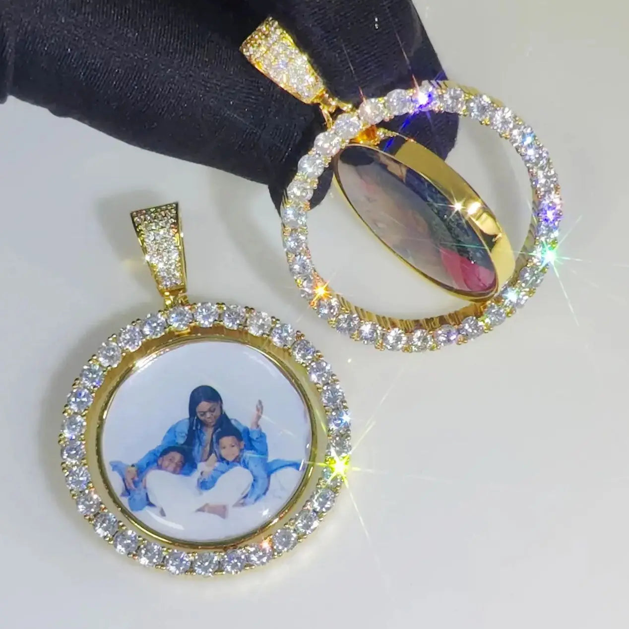 KissICON Customized Double-Side Photo Necklace Picture Pendant Chain Personalized Cubic Zirconia Hip Hop Jewelry Gift for Men Women