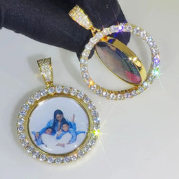 KissICON Customized Double-Side Photo Necklace Picture Pendant Chain Personalized Cubic Zirconia Hip Hop Jewelry Gift for Men Women