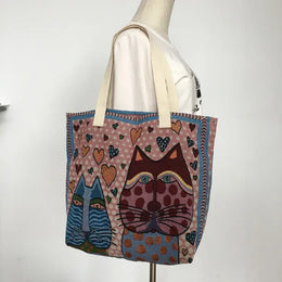 KissICON Cute Cat Pattern Wide Horizontal Canvas Tote