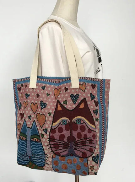 KissICON Cute Cat Pattern Wide Horizontal Canvas Tote