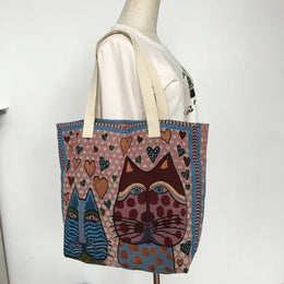 KissICON Cute Cat Pattern Wide Horizontal Canvas Tote