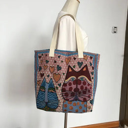 KissICON Cute Cat Pattern Wide Horizontal Canvas Tote
