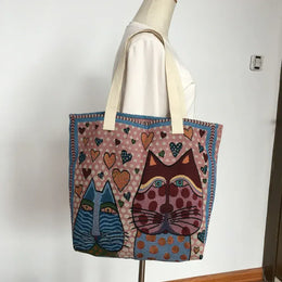 KissICON Cute Cat Pattern Wide Horizontal Canvas Tote