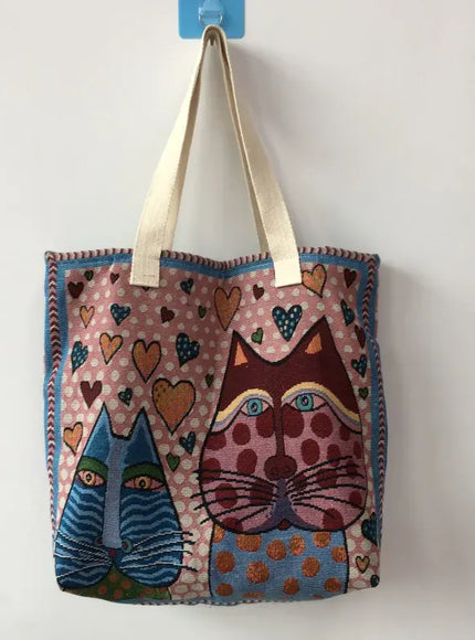 KissICON Cute Cat Pattern Wide Horizontal Canvas Tote