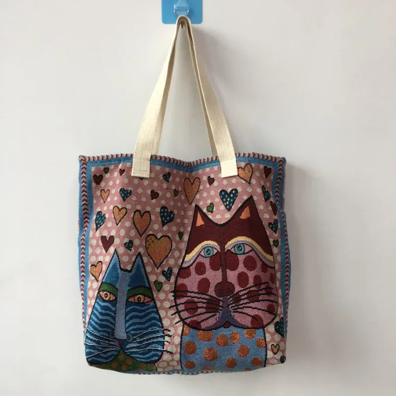 KissICON Cute Cat Pattern Wide Horizontal Canvas Tote