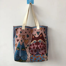 KissICON Cute Cat Pattern Wide Horizontal Canvas Tote