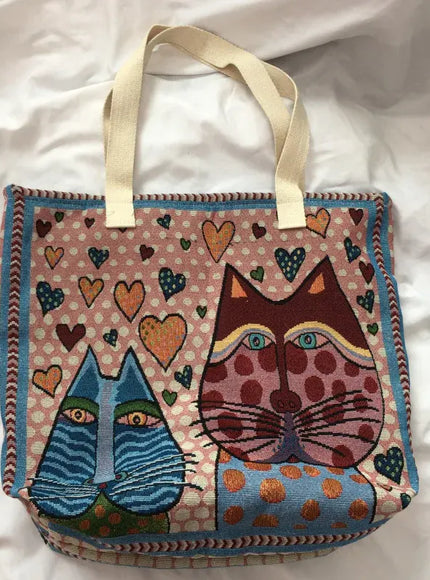 KissICON Cute Cat Pattern Wide Horizontal Canvas Tote