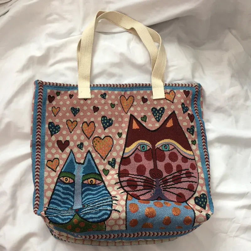 KissICON Cute Cat Pattern Wide Horizontal Canvas Tote