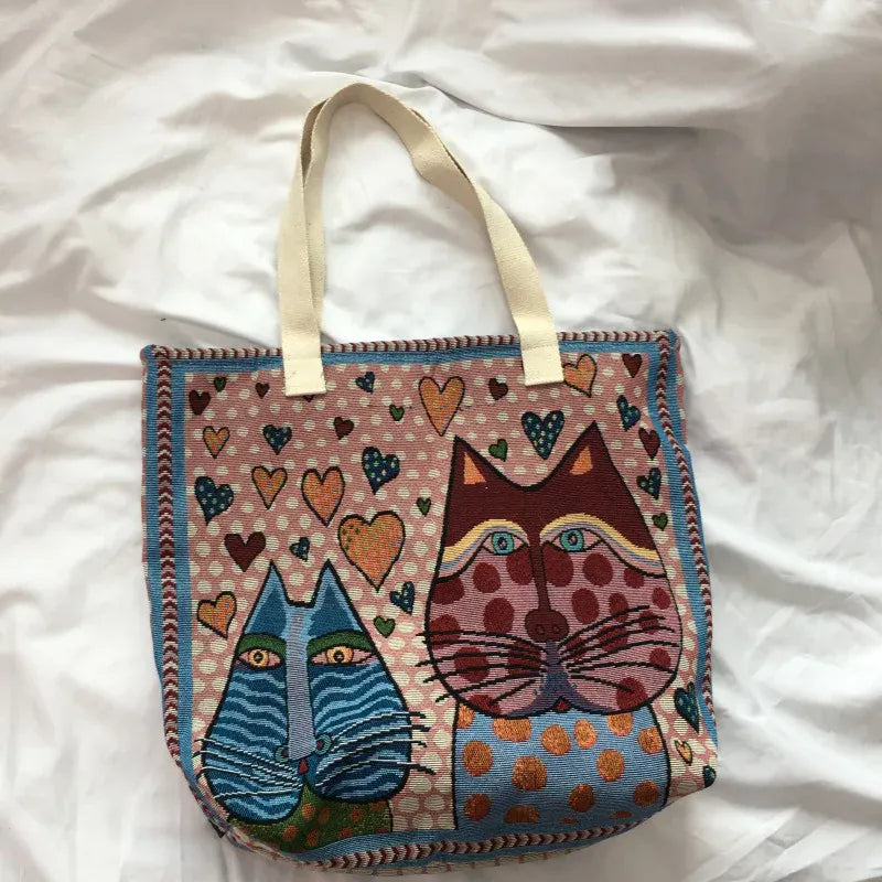 KissICON Cute Cat Pattern Wide Horizontal Canvas Tote