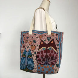 KissICON Cute Cat Pattern Wide Horizontal Canvas Tote