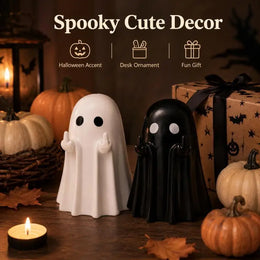 KissICON Cute Ghost Decor Figurines, Black & White Halloween Desk Ornaments for Home Shelf Party Display