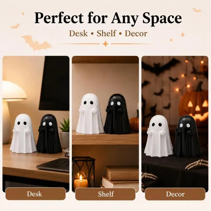 KissICON Cute Ghost Decor Figurines, Black & White Halloween Desk Ornaments for Home Shelf Party Display