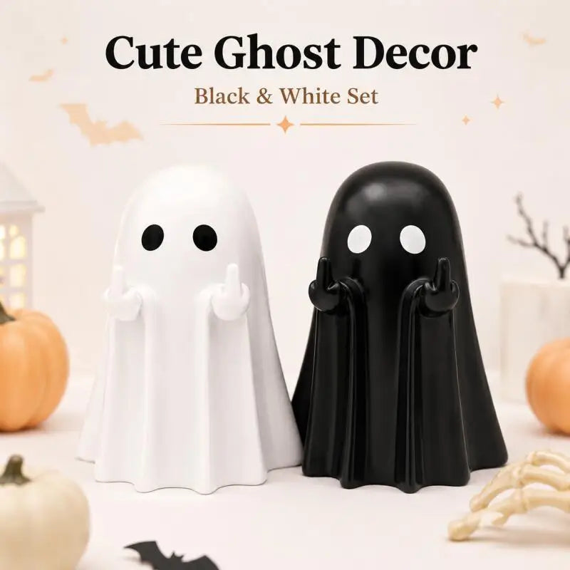 KissICON Cute Ghost Decor Figurines, Black & White Halloween Desk Ornaments for Home Shelf Party Display