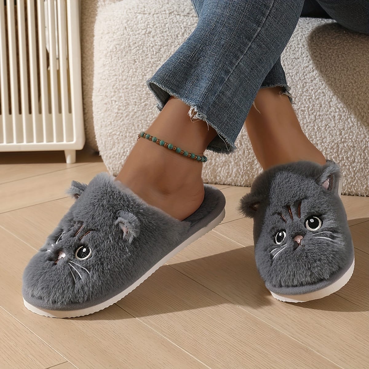 jkthpu-45 Cute Plush Cat Slippers Warm Cozy NonSlip Indoor Shoes