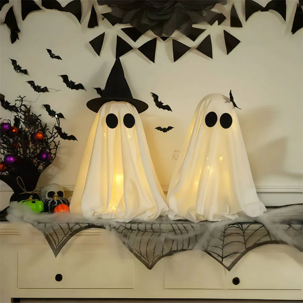 KissICON Cute Witch Hat Ghost Decor Spooky Light Up Halloween Ghost Decorations For Indoor Home Mantel Shelf DIY Ghost Tabletop Decor