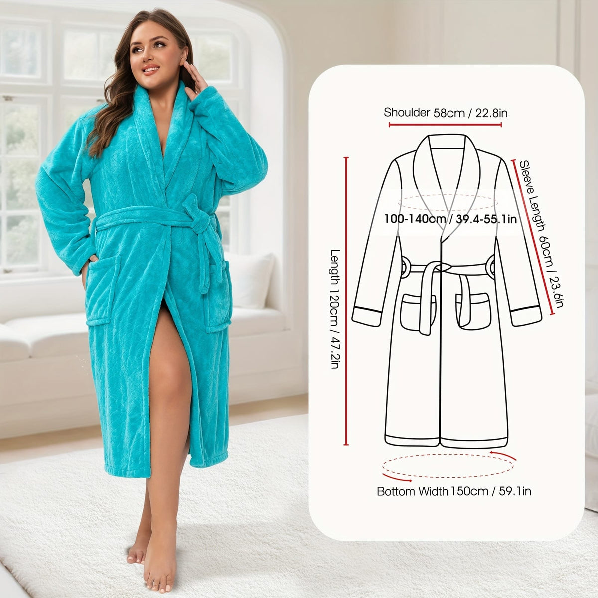 jkthpu-45 Cyan Luxury Plus Size Coral Fleece Shawl Collar Bathrobe for Home  Travel