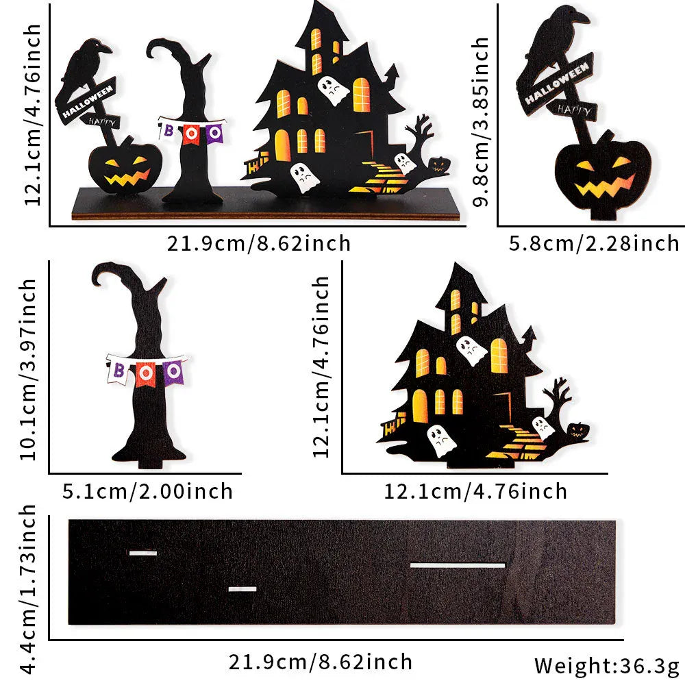KissICON D Halloween desktop decoration, haunted house pumpkin wooden center logo, eerie Halloween decoration for family gathering tables