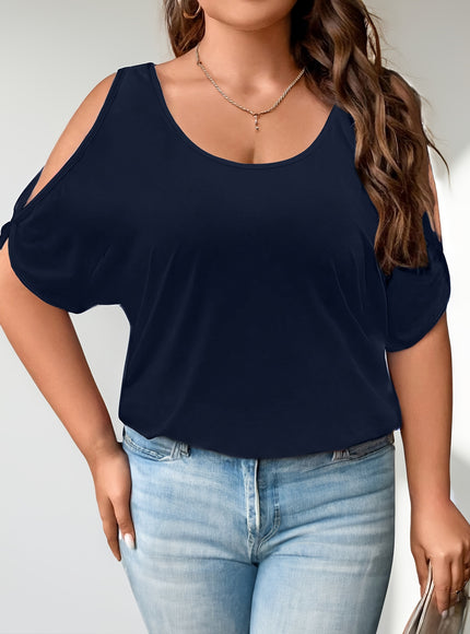 Plus Size Solid Cold Shoulder Women's Casual Crew Neck Short Sleeve T-Shirt