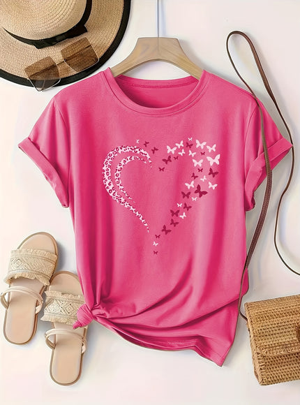 Plus Size Heart Print T-Shirt, Casual Crew Neck Short Sleeve T-Shirt, Women's Plus Size Clothing