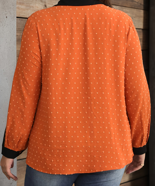 Plus Size, Women's Plus Size Casual Button-Front Blouse - Non-See-Through Office & Everyday Shirt in Orange/Black Color Block, Machine Washable Button-Up Top for Spring/Fall/Summer Outfits, Spring Fashion, Relaxed Fit, Comfor