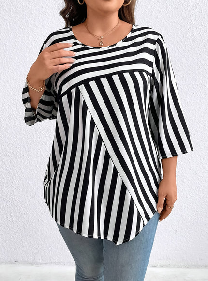 Elegant Plus Size Stripe Print Blouse - 100% Polyester Crew Neck Top, Oversized Non-Stretch Woven Shirt for All Seasons
