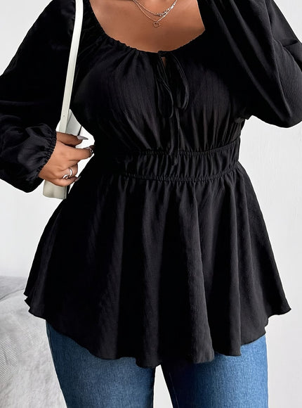 Plus Size - Plus Size - Plus Size - Women'S Plus Size Navy Blue Blouse with Front Drawstring & Ruffled Sleeves - Casual Keyhole Neckline, Long Sleeve, Non-Stretch Fabric, Perfect for Casual Attire, Casual Wear Blouse | Ruffle