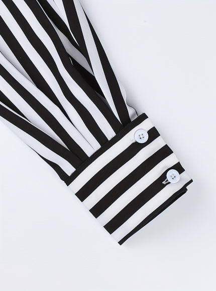 Plus Size, Plus Size Fashionable Elegant Side-Slit High Slit Waist-Length Striped Long Sleeve Shirt