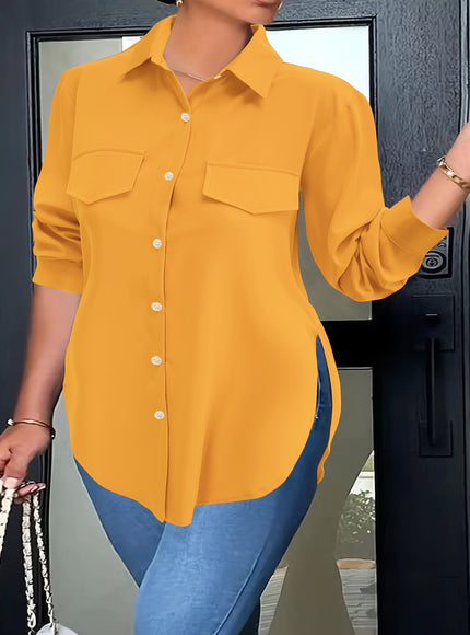 Plus Size Chic Blouse with Flowy Curved Hem - Fashionable Button Front & Classic Collar - Perfect Casual Wear for Spring - Womens Plus Size Clothing