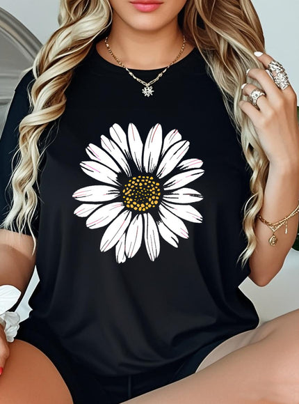 Plus Size, Women's Black Floral Print T-Shirt - Elegant Casual Chic Tee with White Floral Pattern, Relaxed Fit Round Neck Top for Everyday & Formal Outfits, Machine Washable Shirt for Women, Summer Outfit, Chic Style, Medium