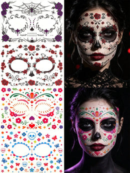KissICON D7-1037+1038 4pcs Glow-In-The-Dark Halloween Temporary Tattoo Stickers, Day Of The Dead Face Paint Tattoos, Gothic Spider Web, Dark Rose & Skull Waterproof Fake Tattoos For Halloween Party And Gifts