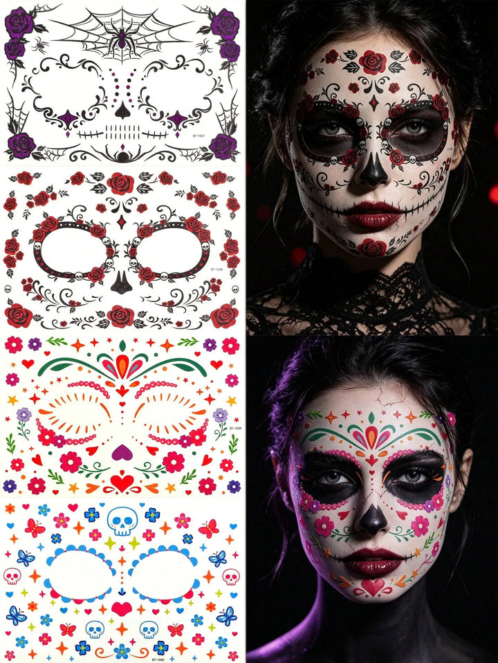 4pcs Glow-In-The-Dark Halloween Temporary Tattoo Stickers, Day Of The Dead Face Paint Tattoos, Gothic Spider Web, Dark Rose & Skull Waterproof Fake Tattoos For Halloween Party And Gifts