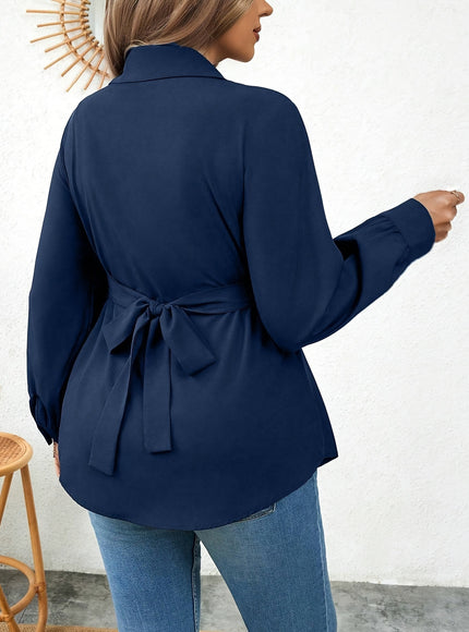 Women'S Elegant Solid Color Shirt with Belt, Polyester 100% Long Sleeve Raglan Sleeve, All-Season H-Fit with Lapel Collar, Button Placket, Regular Length - Woven Fabric 113 gsm