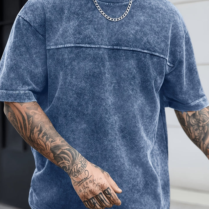 Plus Size Mens Faux Denim Print Loose Round Neck Tee