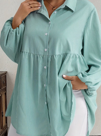 Plus Size, Women's Plus Size Oversized White & Green Horizontal Striped Button- Shirt Jacket-like Blouse - Short Sleeve-like Collar, Wrinkle-Resistant (Machine Washable) H-Line Fit for Year-Round Casual & Dressy Wear (No)