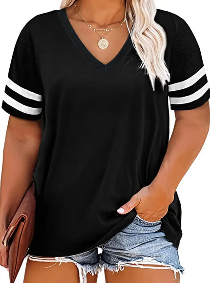 Plus Size Women's V-Neck Short Sleeve T-Shirt - Lightweight Stretchy Summer Tee with Random Print, Loose Casual Fit, Machine Washable, Sizes XL-5XL for Everyday & Office Wear, Versatile Clothing, Striped Print Shirt, Soft Fab