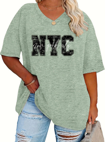 Plus Size - Women'S Plus Size NYC Graphic Tee - Casual V-Neck, Short Sleeve, Stretchy Rayon Blend, Black with White Lettering, Perfect for Spring, Summer & Fall, Everyday Tshirt|Vneck Top|Comfortable Fit