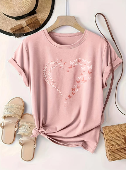 Plus Size Heart Print T-Shirt, Casual Crew Neck Short Sleeve T-Shirt, Women's Plus Size Clothing