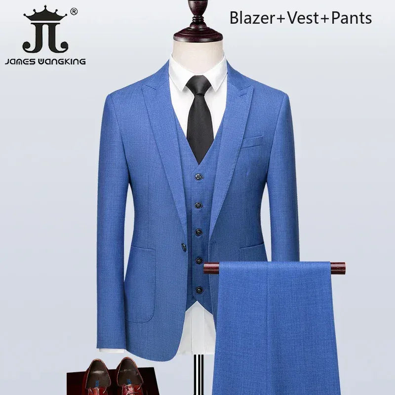 KissICON Dark Blue 3Piece / S (EUR XXXS) British Plaid 3Pc Mens Suit Blazer Vest Pants S5XL