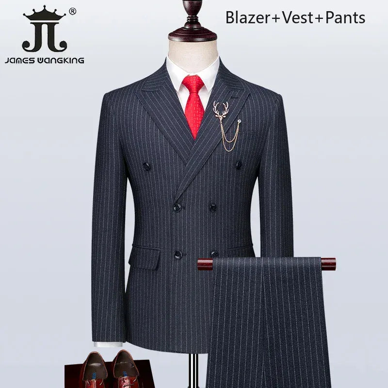 KissICON Dark blue 3Piece / S (EUR XXXS) British Plaid 3Pc Mens Suit Blazer Vest Pants S5XL