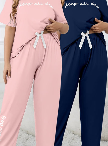 jkthpu-45 Dark Blue+Pink / UK 18 Women'S Plus Size "Sleep All Day" Print Pajama