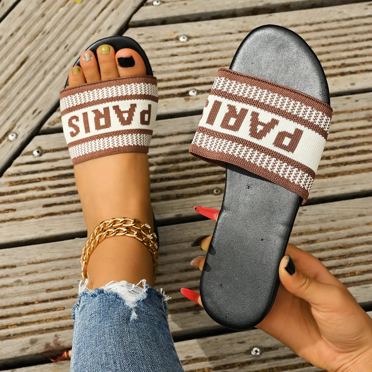 KissICON Footwear dark brown / 37 Women's Embroidered Slip-On Flat Sandals | Casual Summer Footwear