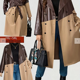 jkthpu-45 Dark Brown / UK 18 Chic Plus Size Elegant Belted Trench Coat Color Block Style