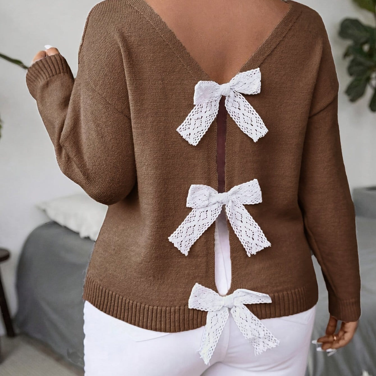 KissICON Dark Brown / UK 18 Plus Size, Women's Butterfly Pattern Sweater with Back