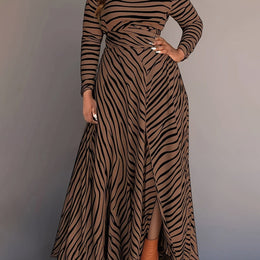 jkthpu-45 Dark Brown / UK 18 Women's Plus Size Elegant Zebra Print Knit Dress - Long Sleeve, Round Neck with Side Slit, Form-Fitting Maxi Dress for Business Casual or All Seasons, Occasion Versatile Dress | Flowing Silhouette | Polyester Fabric, Zebra Print Dress
