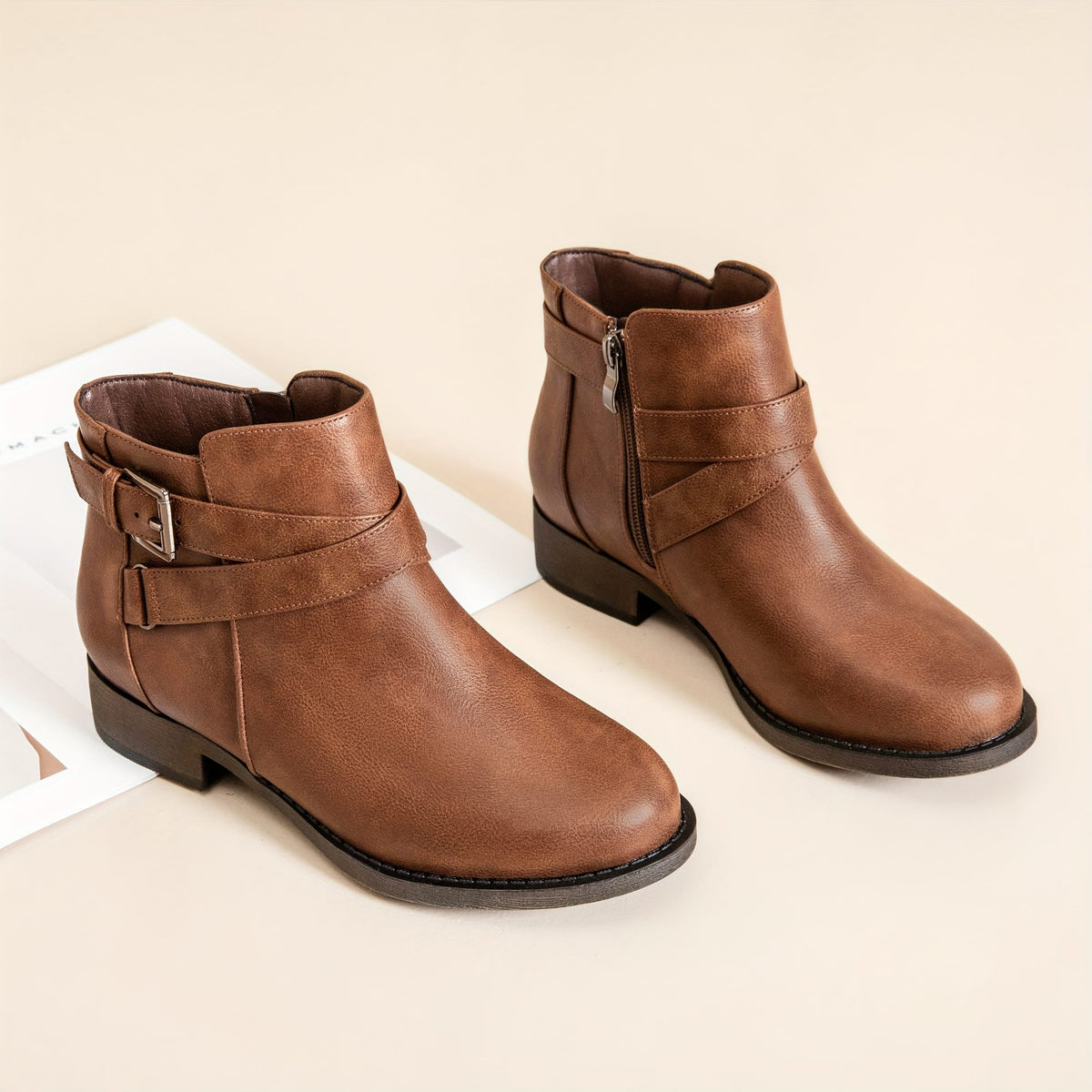 jkthpu-45 Dark Brown / UK 4 Chunky Heel Comfort SlipOn Buckle Ankle Boots