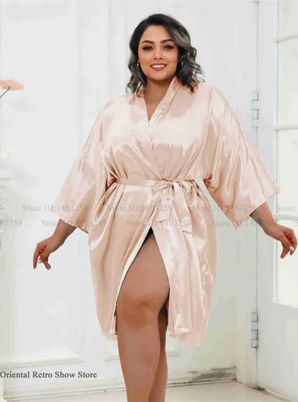 KissICON Dark Champagne / One Size Plus Size Women Robe Half Sleeve Bathrobe Kimono