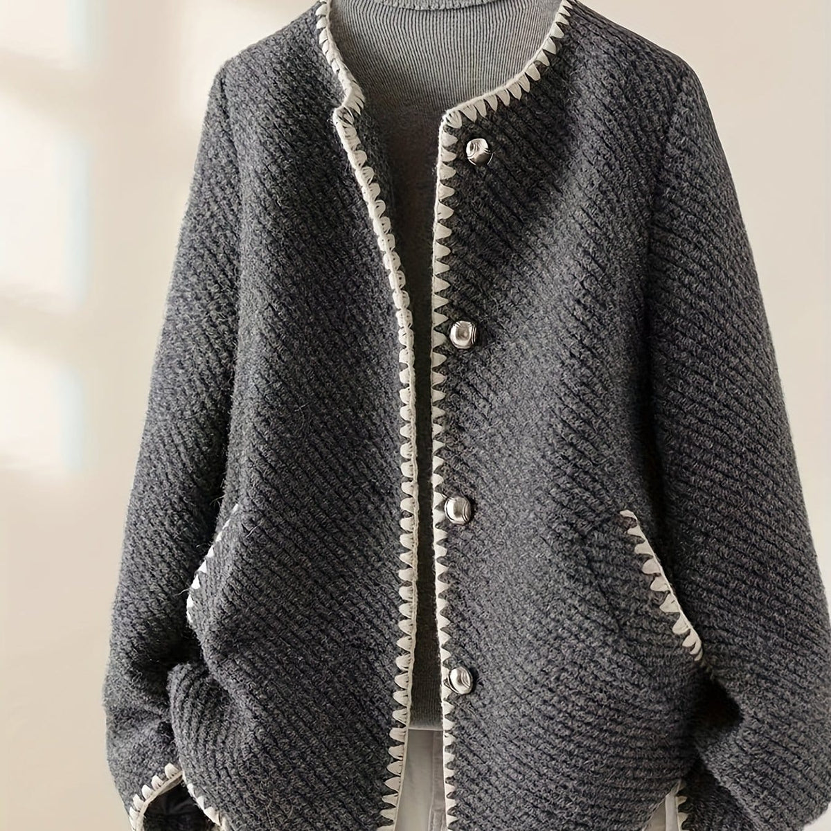 KissICON Dark Gray / UK 16 Elegant Curve Greywhite Contrast Collar Jacket