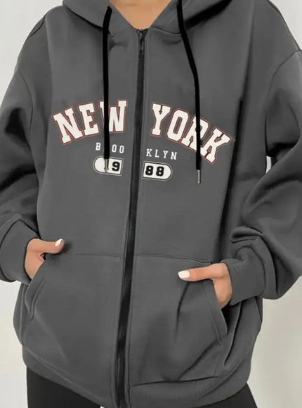 jkthpu-45 Dark Gray / UK 16 Women's Plus Size New York Graphic Hoodie -