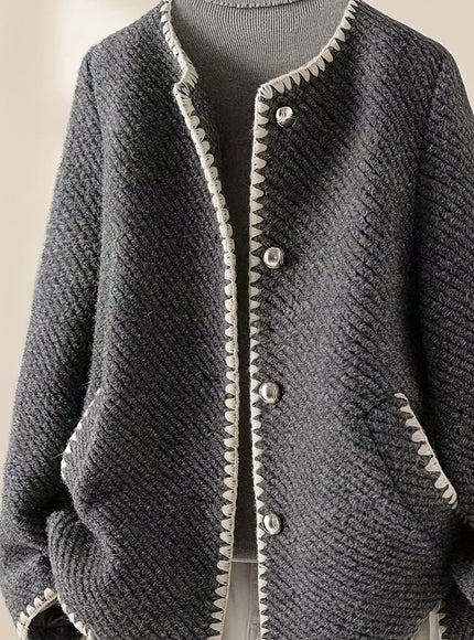 KissICON Dark Gray / UK 18 Elegant Curve Greywhite Contrast Collar Jacket